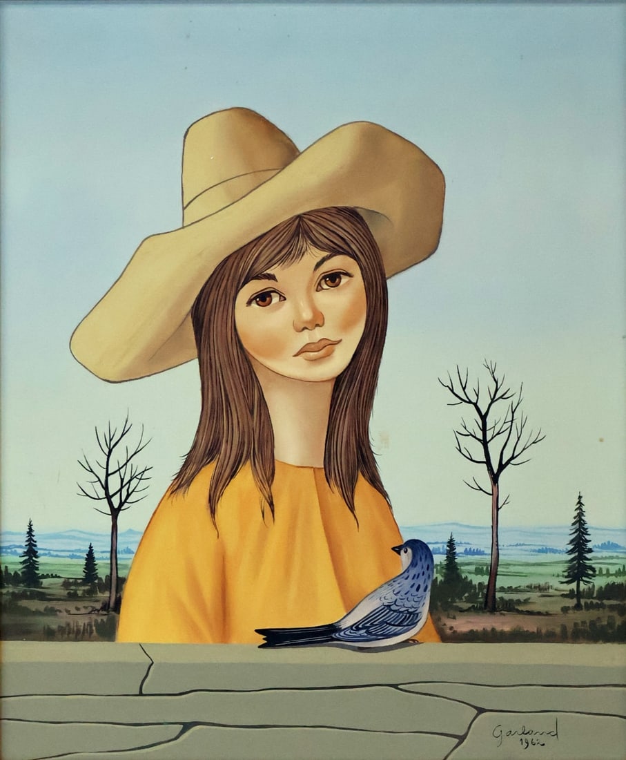 GEORGE GARLAND (USA 20th century.): Portrait of Girl with hat and blue jay. Oil on canvas, signed lower right. From a New Jersey estate. - Dimensions: 24.25" h x 20" & Frame 30.75" x 26.75"