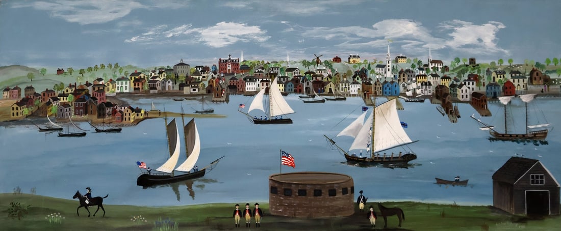 EVELINE ROBERGE (20th Century American ): Primitive style, oil on board seascape. Signed lr rt. From a Rye NY estate. - Dimensions: 59.25" x 24"