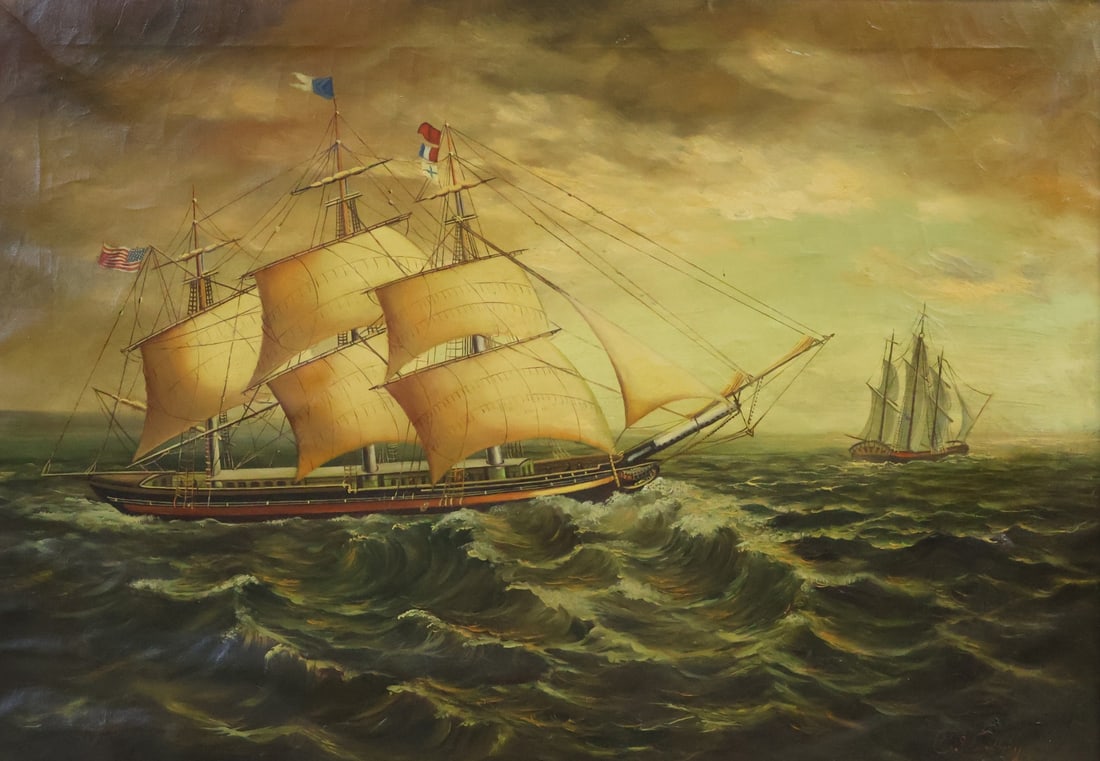 ILLEGIBLY Signed Oil On Canvas: Ships at sea, oil on canvas signed lr rt. From a Westchester NY estate. - Dimensions: 24" x 34.5" & Frame 30.25" x 41"