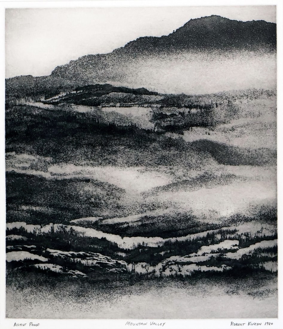 Robert Kuzyn Mountain Scene Print: Mountain Valley. Print dated 1980. From a New Rochelle NY collector. Dimensions: Sight 16" x 18.75 & Frame 23.25" x 25.75".