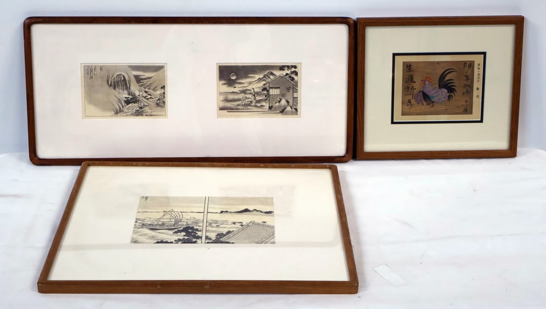Japanese Woodblock Print [3 Works]: To include three woodblock prints. Dimensions: Sight 6.75" x 10"; Frame 20.75" x 17.5"; Sight 7" x 4.5"; Frame 27" x 12.75" and Rooster 7" x 5.5";