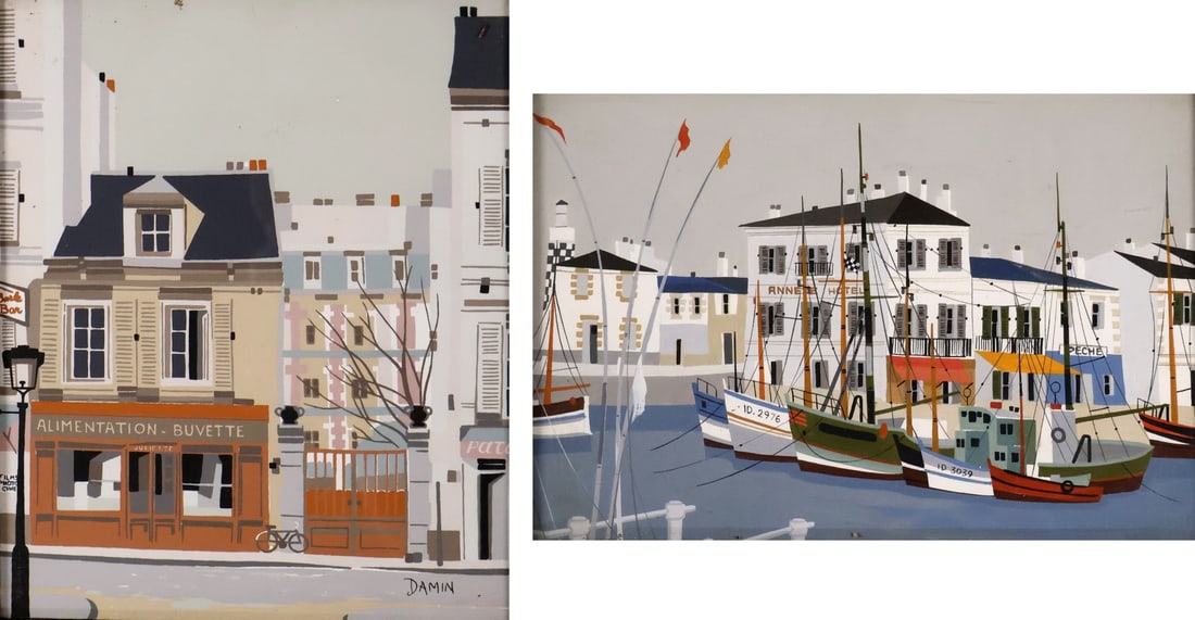GEORGES DAMIN Gouache [2 Works]: "Le Petit Port" and "Rue de Paris" Gouache on card by French artist Georges Damin . 1 signed and other 1 faintly signed. From a Greenwich CT collection. Dimensions: 9.5" x