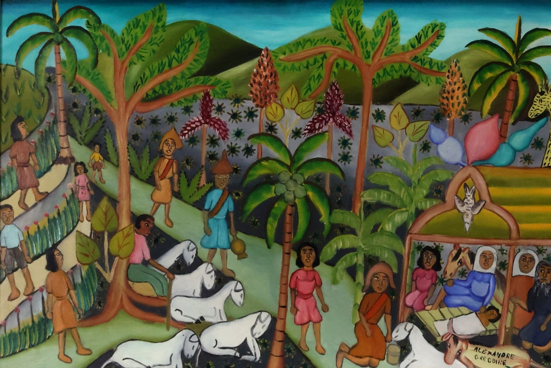 ALEXANDRE GREGOIRE (Haitin 1922 - 2001): Nativity scene. Haitian Naif School, signed. From a Greenwich CT collection. - Dimensions: 15.25" x 23.25" & Frame 23" x 31"