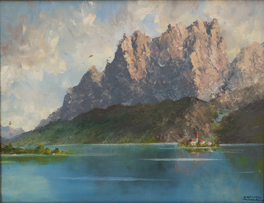 ILLEGIBLY Signed Oil On Board Continental School: Possibly Lake Maggiore. Oil on board, signed lr rt. From a Greenwich CT collection - Dimensions: 9.5" x 11" & Frame 12" x 15"