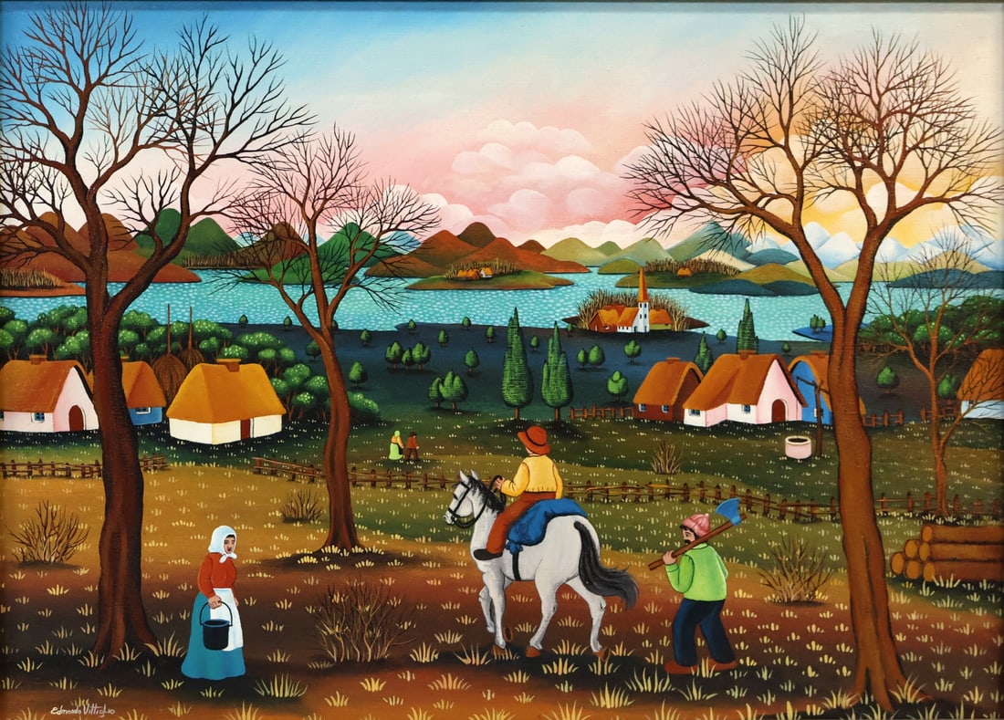 EDMONDO VITTIGLIO Signed Oil On Canvas: Village in Winter. YUGOSLAV Naif School (Style of). Oil On Canvas, signed. From a Greenwich CT collection. - Dimensions: 19.75" x 27.5" & Frame 21" x 28.5"