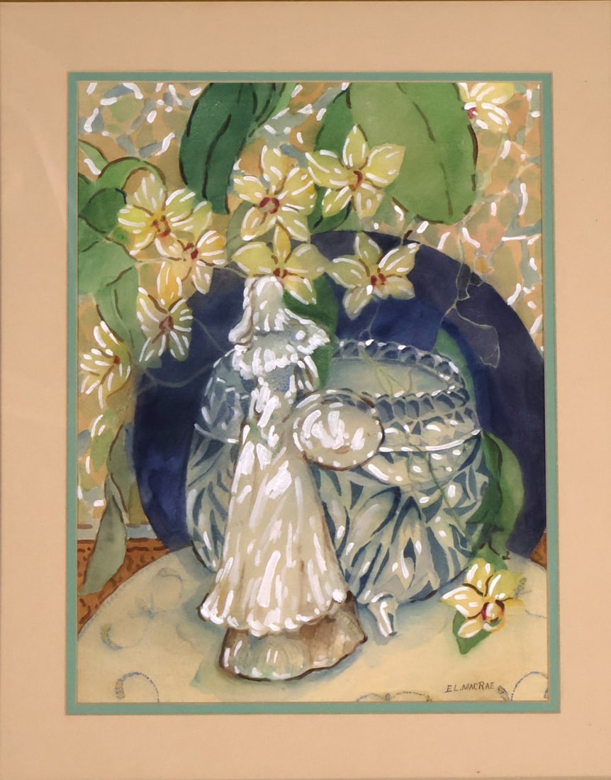 ELMER LIVINGSTON MAC RAE (US 1875 - 1953): Still life with flowers and pot. American School. Watercolor on paper, signed lower right. From a Greenwich Ct collector. - Dimensions: 15.5" x 11.5" & Frame 21.5" x 18"