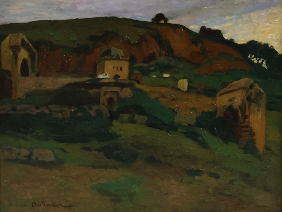 HENRI DABADIE Signed Oil On Board.: The ruins of Merenid Tombs. Oil on panel. restored by Kay Studios (cost $1073 in 2021). From a Greenwich CT collection. - Dimensions: 10" x 13.25" & Frame 16" x 18.5"
