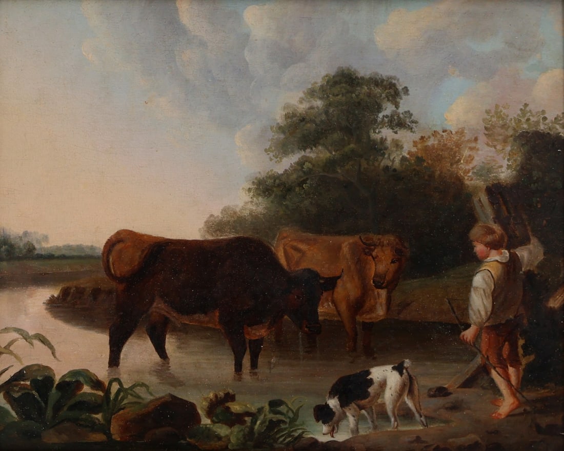 UNSIGNED British School.: Cows at stream. Oil on wood, unsigned. From a Greenwich CT collection. - Dimensions: 9.75" x 12.25" & Frame 15" x 18"