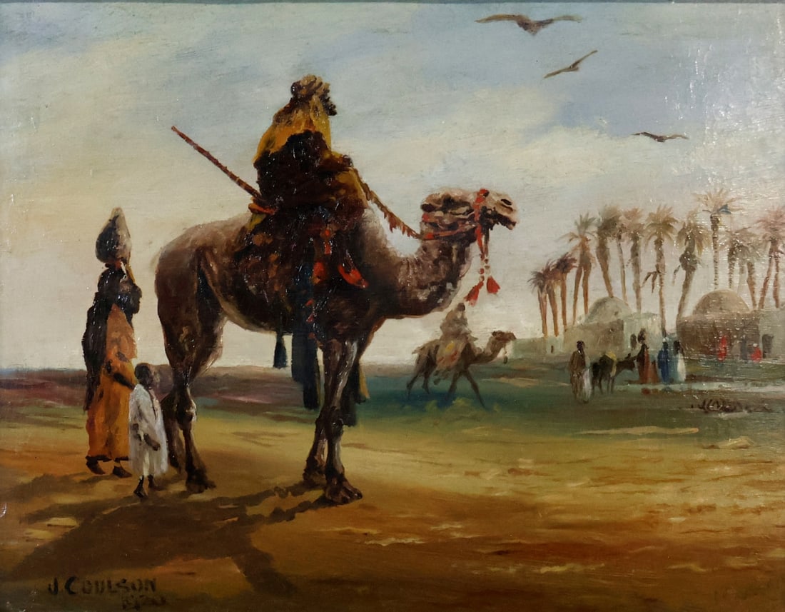 J. COULSON Signed Oil On Board: Orientalist Scene. Oil on board, signed. From a Greenwich CT collection. - Dimensions: 16.25" x 20" & Frame 24" x 27"
