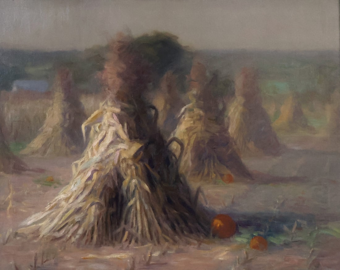 UNSIGNED American Impressionist School: Misty Meadow with corn shocks. Oil on canvas, apparently unsigned. According to consignor artist is Allen Tucker? From a Greenwich CT collection. - Dimensions: 27.5" x 35.5" & Frame 36" x 44"