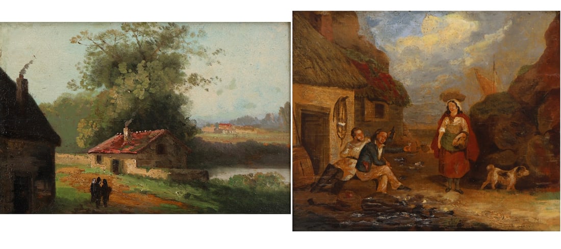 UNSIGNED British School Oil Paintings [2 Works]: 2 Oils on board. One Scottish school, The Fishwife (8.5" x 10.5" & frame 12" x 14"). The other British school Cottage on pond (5.5" x 8.5" & Frame 9" x 12"). From a Greenwich CT collection.