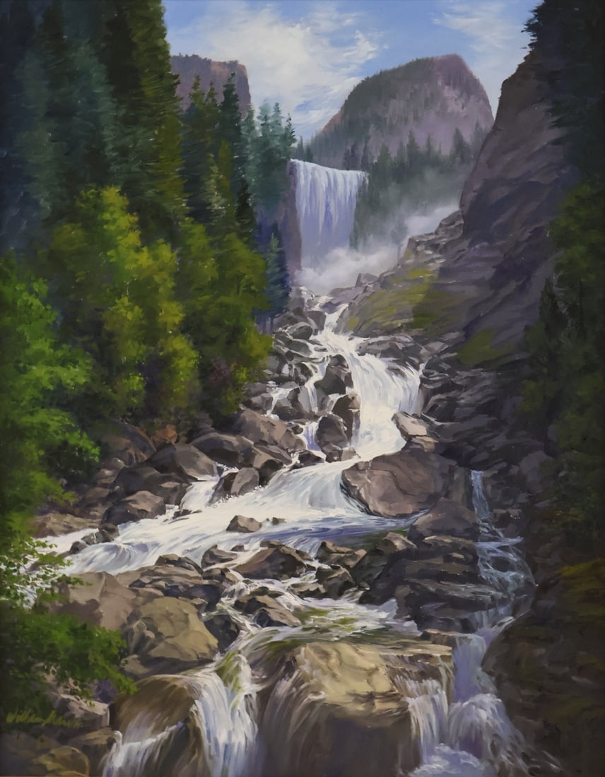 ILLEGIBLY Signed Oil On Canvas: Waterfall. Oil on canvas, signed lr left. From a Yonkers NY estate. - Dimensions: 27.5" x 21" & Frame 35" x 29"