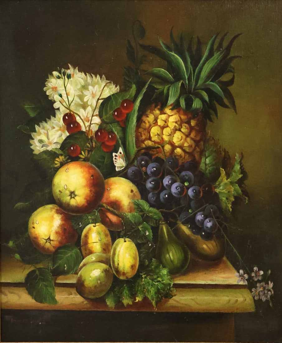 ILLEGIBLY Signed Oil On Canvas Still Life.: Still life. Great frame, oil on canvas, signed lr left. From a Scarsdale NY estate. - Dimensions: 24" x 20" & Frame 32" x 28"