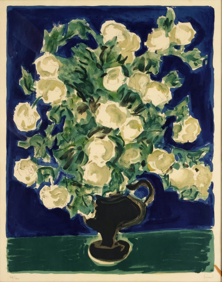 ILLEGIBLY Signed And Numbered Print.: Still life of flowers. Signed lr rt and numbered 60 of 200. From a Westchester NY estate. - Dimensions: 26" x 21" & Frame 32" x 26"