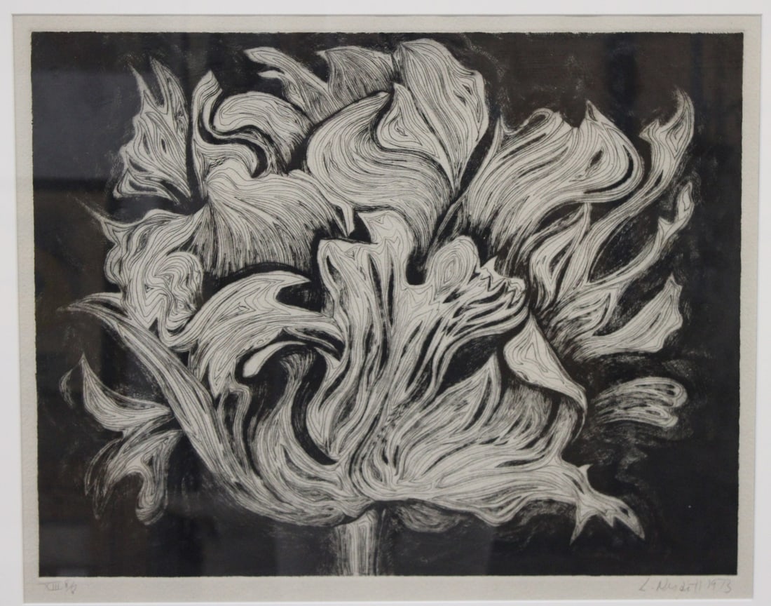 LOWELL NESBITT (AMERICAN, 1933-1993).: 'Parrot Tulip Bloom III' 1973. Drypoint etching. Signed, dated and numbered ' XIII 8/8' lower margins in pencil. Property of a Scarsdale, NY estate. Dimensions: 16.50" h 21.50" w, Frame: 28.25" h x 32