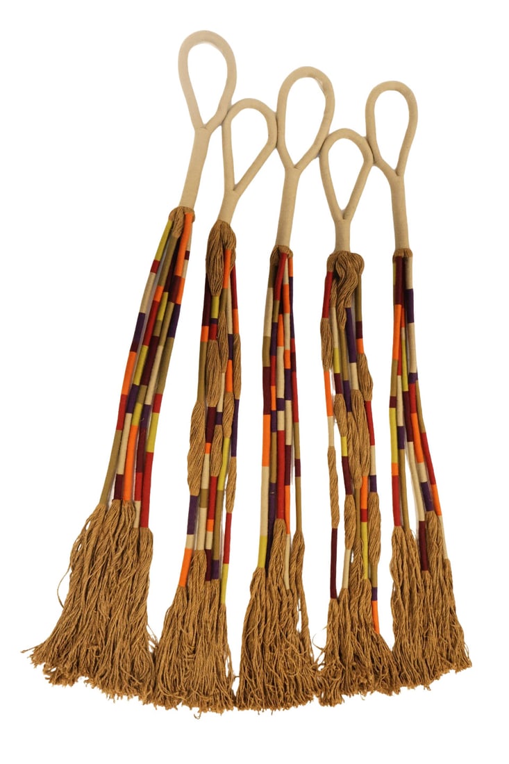 Atrib To JANE KNIGHT.: 'Untitled'. Fiber wall hanging. 23 wool-wrapped jute elements. Property of a Scarsdale, NY estate. Dimensions: Approx: 89.50" h x 33" w.