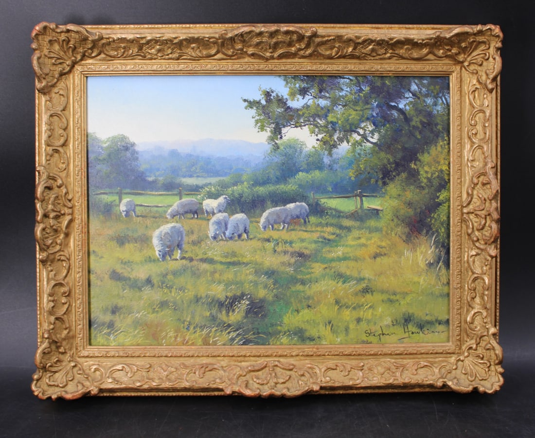 STEPHEN HAWKINS Signed Oil On Canvas: "Southdowns". Oil on canvas, signed. From a Rye NY estate. - Dimensions: 12" x 16" & Frame 16" x 20"