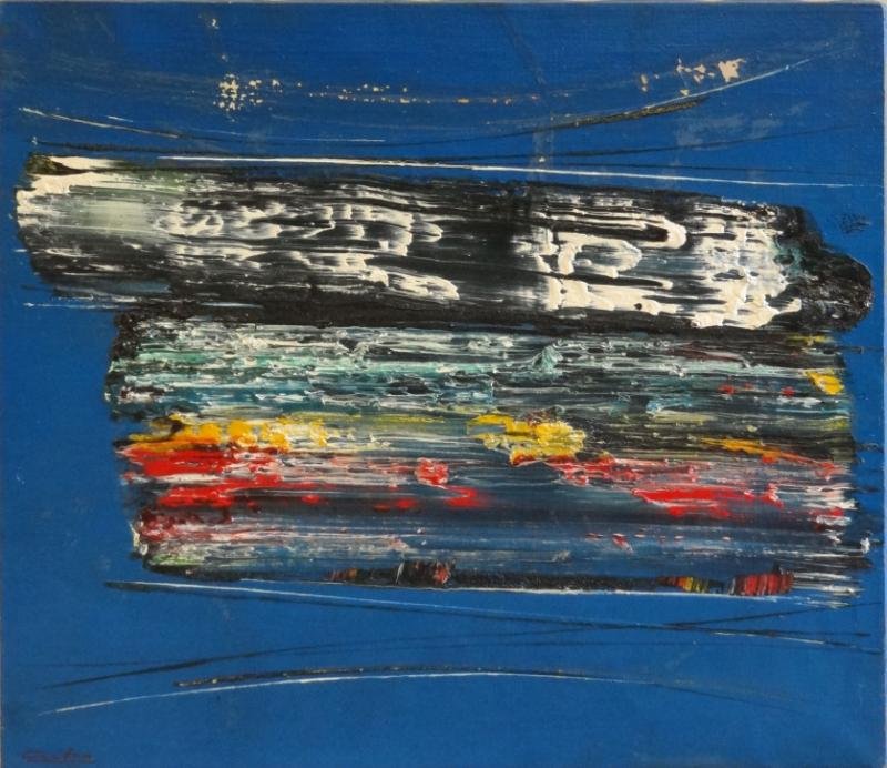 CARTON, Norman. Oil on Canvas "Blue Cosmos.": Signed lower left and verso. Martha Jackson Gallery, New York label verso. Norman Carton, American, 1908 - 1980. From a Westchester, NY home. Dimensions: 24" high x 28.25" wide. Condition: Flaking and