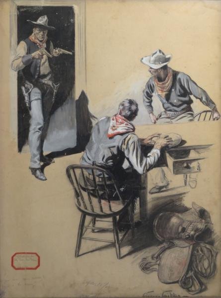 GIBBS, George. 1905 Illustration "The Two Gunmen.": Gouache and charcoal on paper. Signed lower right and dated April 15, 1905 center. Inscribed lower left with title and annotations. George Fort Gibbs, American, 1870 - 1942. From a Hartsdale, NY estat