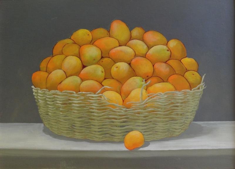 ANDUJAR, Juan. Oil on Board of Basket with Mangoes: Signed lower right. Juan Andujar, Dominican, 20th/21st C. From a Stamford, CT home. Dimensions: 24" high x 36" wide. Condition: Small scratch upper left, otherwise good condition.