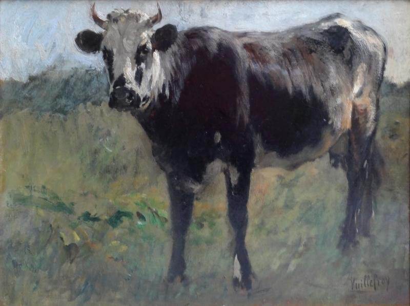 VUILLEFROY, Felix. Oil on Canvas of a Cow in: Pasture. Signed lower right. Chilean exhibition label verso. Felix Dominique Vuillefroy, French, 1841 - 1910. From a Stamford, CT home. Dimensions: 15" high x 21.75" wide. Condition: Good.