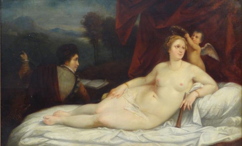 19th C. Oil on Canvas of "Venus and the Lute Player": After Titian. From a Southport, CT estate. Dimensions: 24.5" high x 41.5" wide. Condition: Old lining, craquelure, uneven yellowed varnish, areas of inpaint in background and small areas of inpaint on
