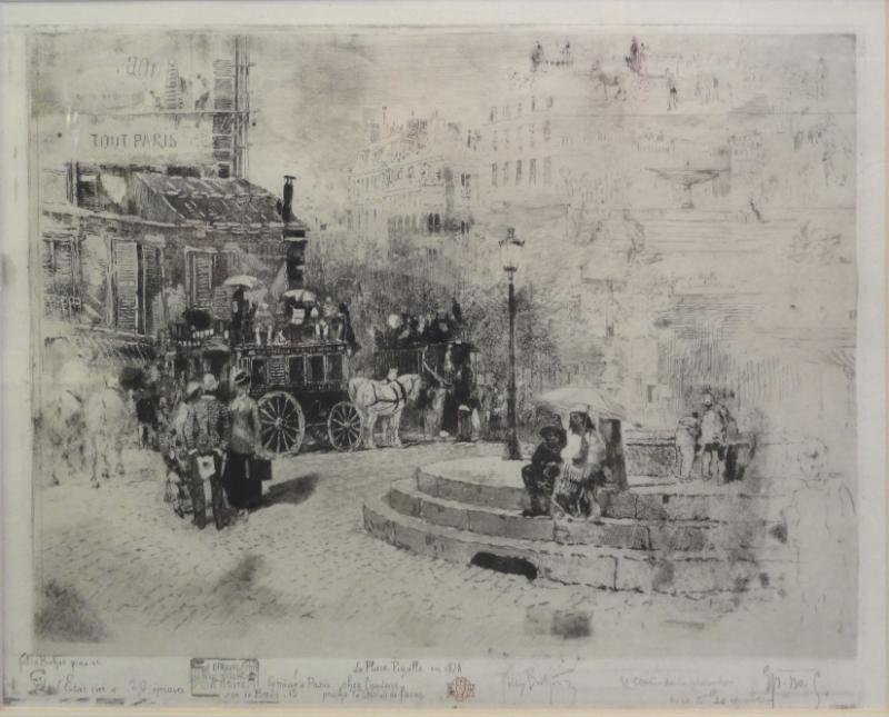 BUHOT, Felix. "La Place Pigalle En 1878" Etching,: Aquatint, and Drypoint. Pencil signed lower right. Artist's red owl stamp center, inscribed "Epreuve d'artiste" in the plate and pencil inscribed "Ep. No. 5" lower right. Other pencil inscriptions bel