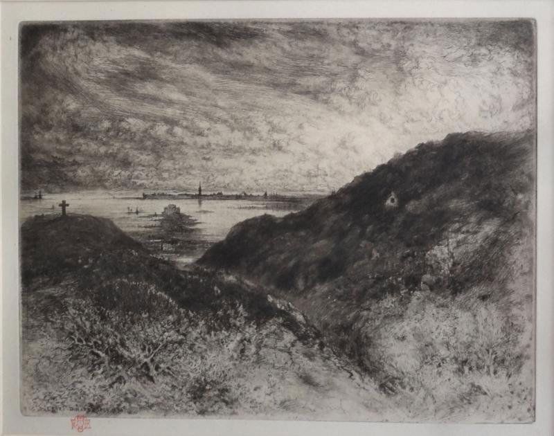 BUHOT, Felix. "La Falaise, Baie de Saint-Malo": Etching and Drypoint. Artist's red owl stamp lower left. Inscribed in the plate "L'Abri Dinard 1989-1890" and "1886" above to the right. Kennedy & Co. Rare Prints label verso. Félix Hilaire Buhot, Fr