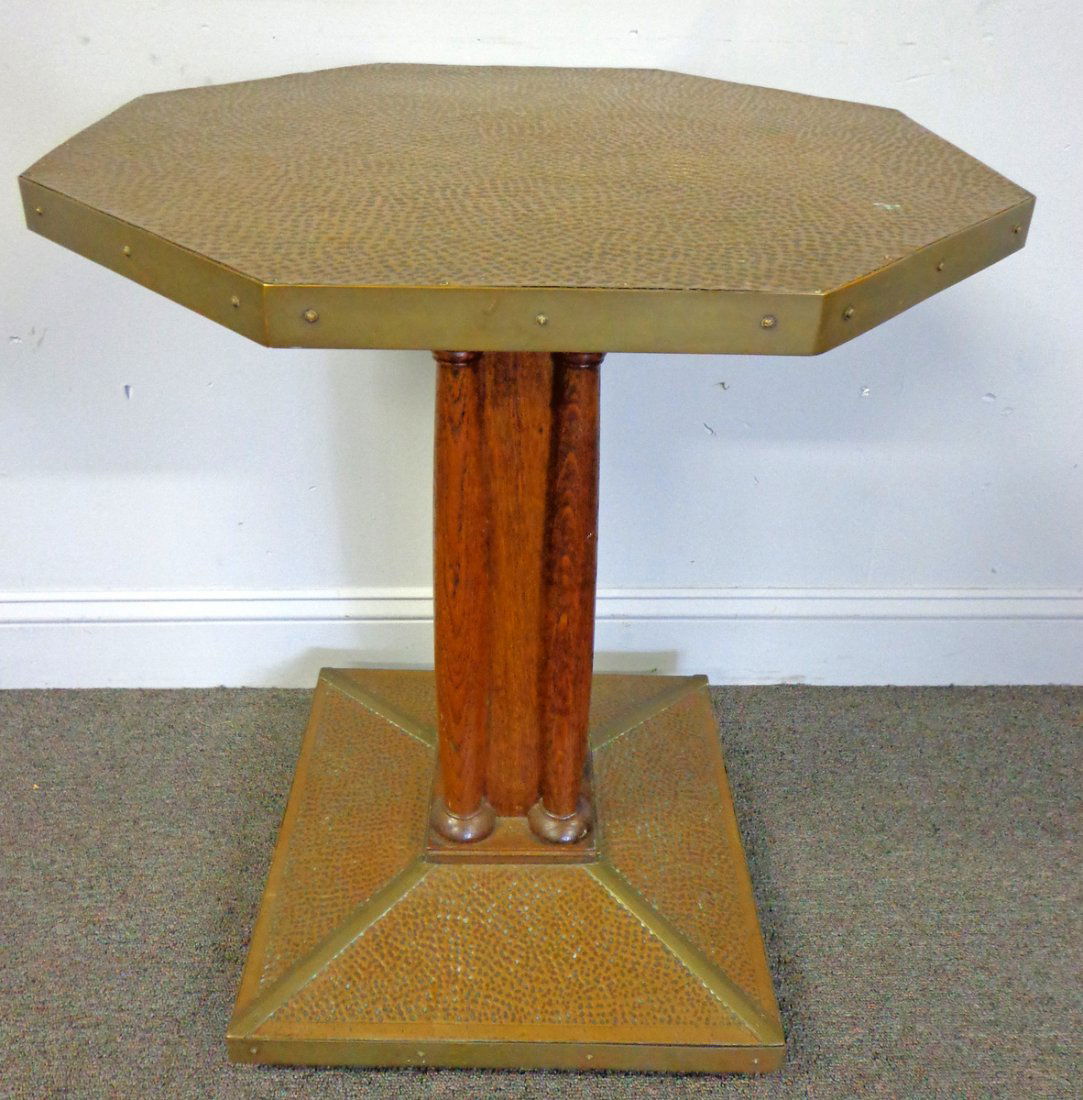 Arts and Crafts Hammered Copper & Wood Table.: With octagonal top in the style of Hoffman. From a Bedford Hills, NY location. Dimensions: 23" x 23" x 28" h.