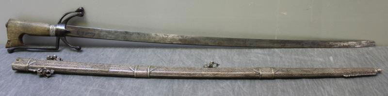 Antique Silver Mediterranean Sword & Scabbard.: Possibly Turkish. With a beautiful chased and marked silver scabbard. Sword has a horn? handle, and very nice hand wrought iron work and a silver chased band. From a Westport, CT estate. Dimensions: s