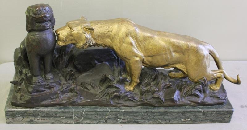 GARDET, Georges. French Bronze of a Lion and a Foo: Dog. Signed G. Gardet, with F. Barbedienne Foundry mark. Georges Gardet, 1863-1939, France. From a Rye, NY home. Dimensions: 26.5" w x 7.75" d x 13" h.