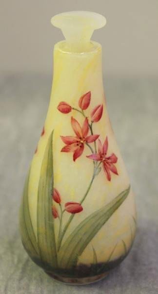 Signed Daum Nancy Acid Cut/Enameled Perfume: Bottle. From a Roslyn Heights, NY location. Dimensions: 4.5" high.