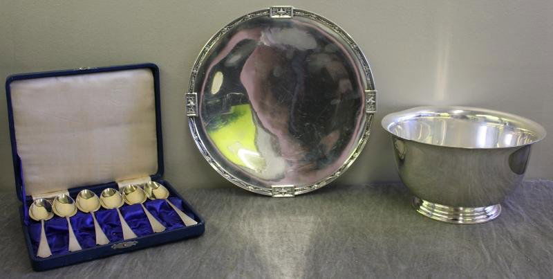 STERLING. Miscellaneous Hollowware and Flatware.: Includes a Gorham "Lansdowne" pedestal tray, six .900 silver spoons, and a sterling pedestal bowl. Total weight of all items is approx. 36.39 troy oz. From a Scarsdale, NY estate. Dimensions: pedestal