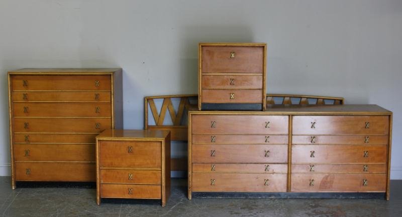 Midcentury Paul Frankl? Bed Set.: Including a high chest, a long chest, a pair of end tables, and a mirror. Dimensions: high chest - 45" w x 22" d x 40" h, long chest - 72" w x 23" d x 32" h, pair of end tables - 24" w x 17" d x 26" h