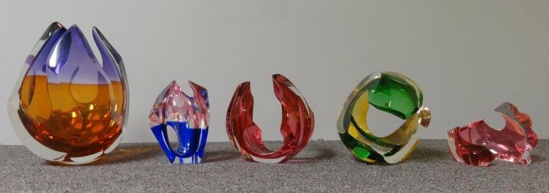 5 Piece Signed Sculptural Glass Lot Including: Signed Tourmalines, Flames, and Diseceted Glass Pieces by Richard Silver. All with flattened sides and color blending. 3 of 5 are signed and dated "Richard Silver," 2003. From a Brewster, NY collector
