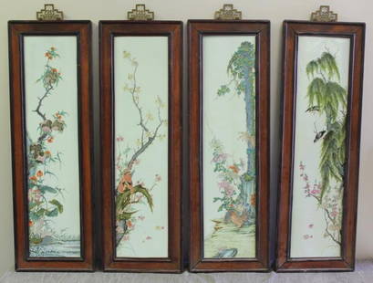 Set of 4 Antique / Vintage Chinese Porcelain: Plaques. Depicting cranes, pheasant, chickens and sparrows. Fine quality porcelain in hardwood frames. From a Glendale, NY location. Dimensions: Porcelain only - approx. 33.5" h x 8" w. Condition: Goo