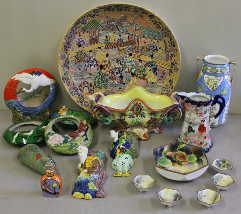 Vintage Ceramic Japanese Lot.: Includes figural wall pockets, basket planters, large Moriaga charger, a hand painted Nippon nut set, and a rare Noritake perfume bottle. From a Roslyn Heights, NY location. Dimensions: perfume bottle