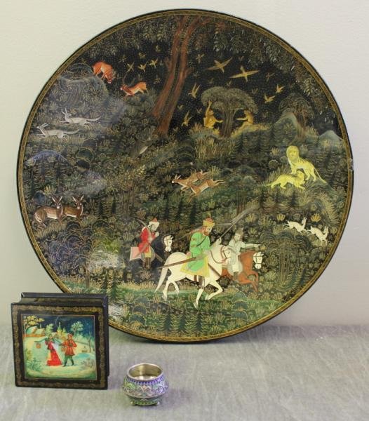 Russian Lot.: Includes an enameled silver salt, a large papier mache charger, and a small papier mache box. From a Roslyn Heights, NY location. Dimensions: charger - 16" diameter, box - 4" w x 3.75" d x 1.375" h. C