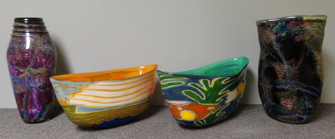 Lot of 5 Art Glass Vases and Bowls Including: 2 Wide Bowls Signed and Dated "Beck 2002" with Ship and Submarine Motif, Respectively. Together with 2 larger vases signed and dated "Mark Sinafoos 2005." From a Brewster, NY collector's estate. Dimen