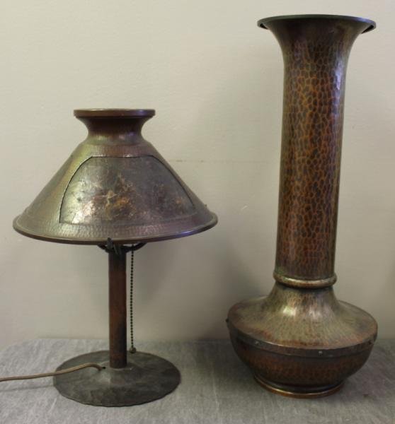 Arts & Craft Lot Including Roycroft "American: Beauty" Vase. Together with a vintage hammered copper and mica shade table lamp, unmarked. And a modernist or Arts and Crafts 4 light candelabra. From a Bedford Hills, NY location. Dimensions: lamp -