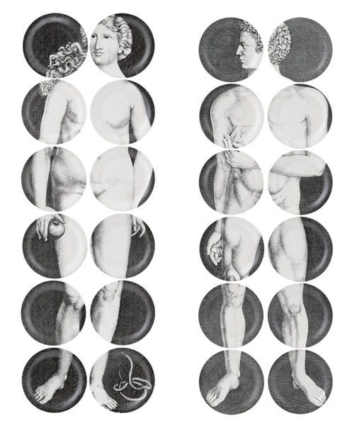 PIERO FORNASETTI (Italy, 1913-1988).: Full set of (24) transfer - printed Adam & Eve Porcelain Plates. (12) Adam plates and (12) Eve plates all signed on verso. 1960. Transfer-printed ceramic, comprising (12) plates illustrating Adam 