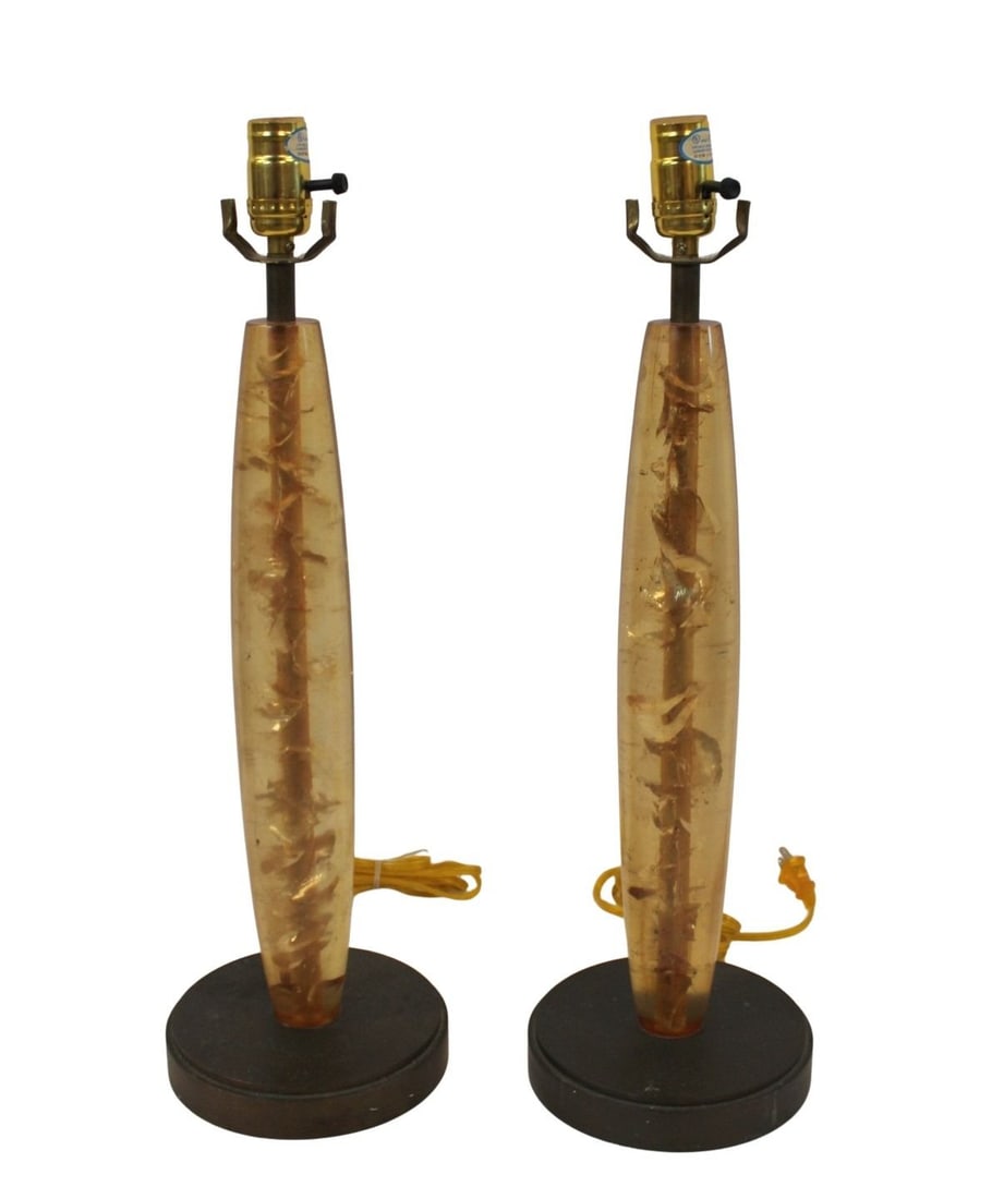 Pair of "Cracked Ice" Resin Lamps with Bronze: Bases. A pair of "Cracked Ice" resin lamps with bronze bases. From the estate of a 50+ year antique dealer specializing in decorative arts with an emphasis on Opaline glass boxes. - Dimensio