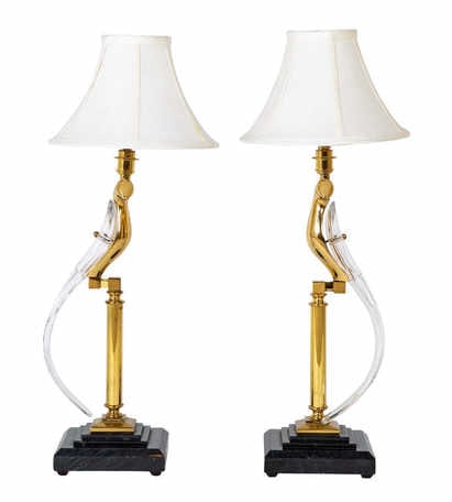Vintage Pr of Brass & Murano Glass Bird Lamps.: Very unusual pair of Murano glass and brass lamps on marble bases each lamp having a glass bird perched on a brass pedestal. True right and left pair. Newly rewired. Circa 1960 - 1970. From the estate