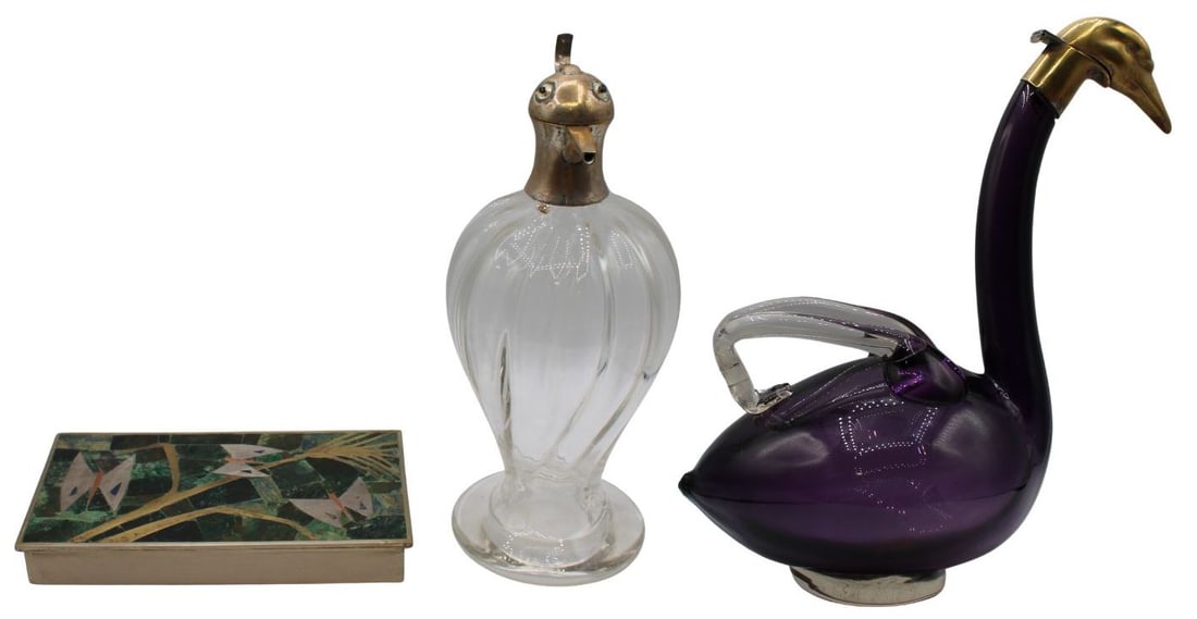 (2) Bird Form Vessels and Los Castillo Inlaid Box.: Including a midcentury clear bird decanter is of gilt metal lid with glass body; an amethyst to clear glass swan form claret jug with gilt metal head - stamped, "Austria"; and a signed Los C