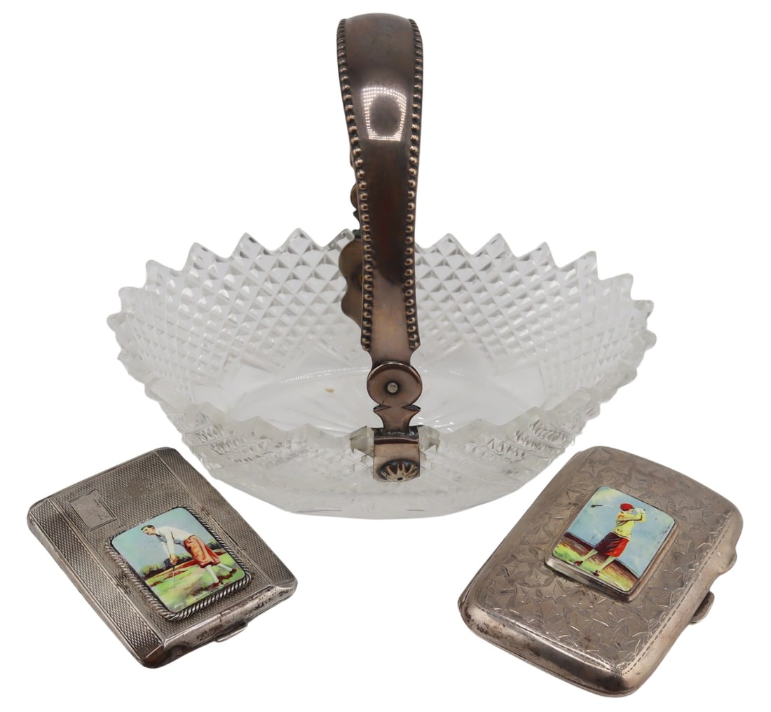 SILVER. Collection of English and Dutch Silver: Objects. Includes a W J Wyatt & Co. English silver hinged case displaying ivy leaves throughout and accented by an applied plaque of a female golfer - Birmingham, WJ Wyatt & Co., Circa 1910; a