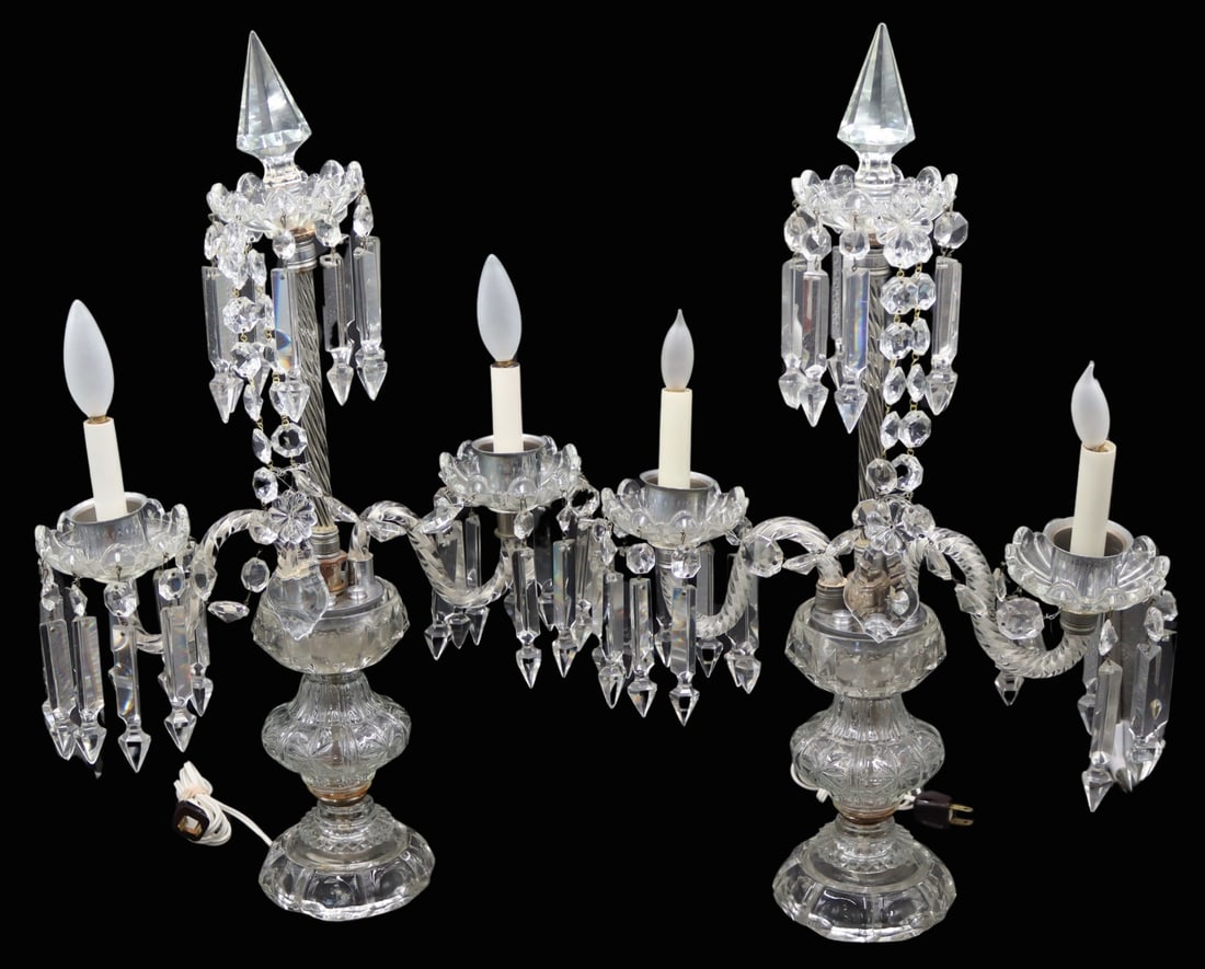 Antique Pair of 2 Arm Cut Glass Girondelles.: From the estate of a 50+ year antique dealer specializing in decorative arts with an emphasis on Opaline glass boxes. - Dimensions: 23.5" h x 13" d.