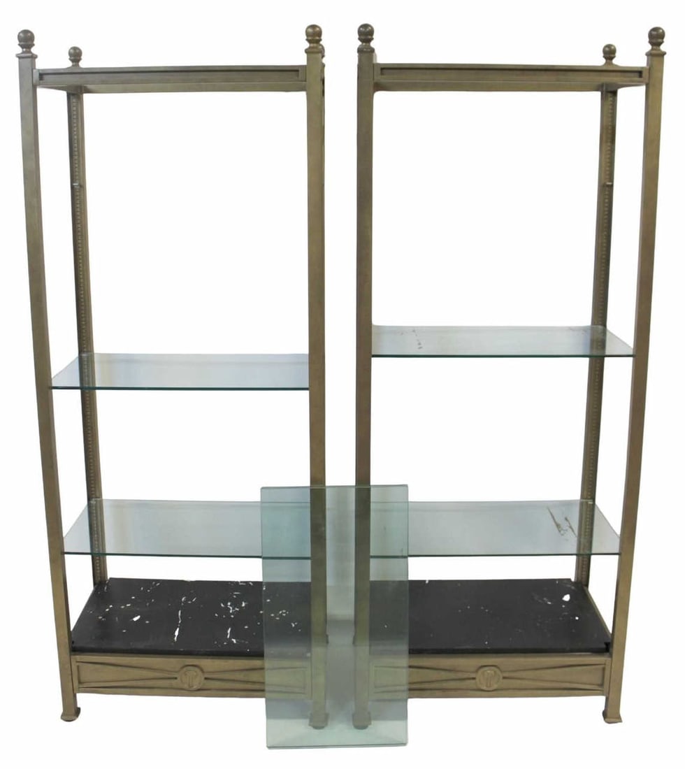 Pr of Modernist Metal Etageres with Glass Shelves.: From the estate of a 50+ year antique dealer specializing in decorative arts with an emphasis on Opaline glass boxes. - Dimensions: 79.5" h x 20" w x 32" d.