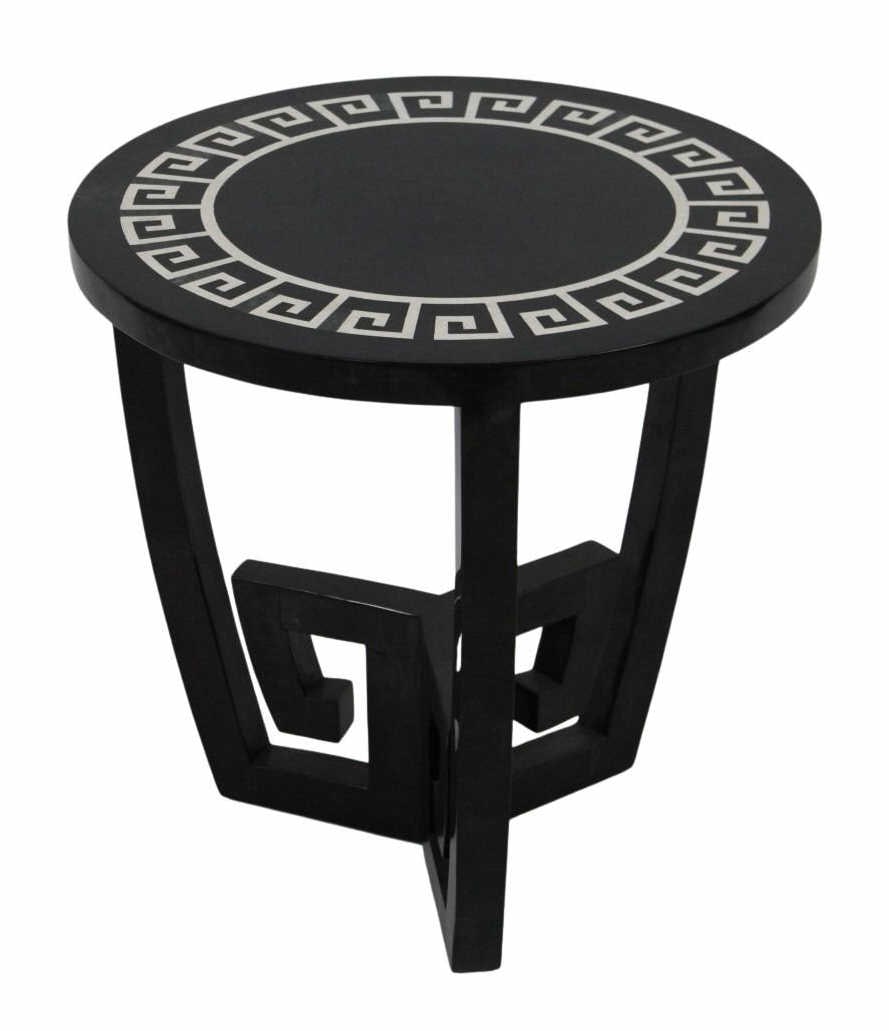 Midcentury Tessalated Table with Greek Key Design.: Black round table with Greek key design having a tessellated marble top. Circa 1970. From the estate of a 50+ year antique dealer specializing in decorative arts with an emphasis on Opaline glass boxe