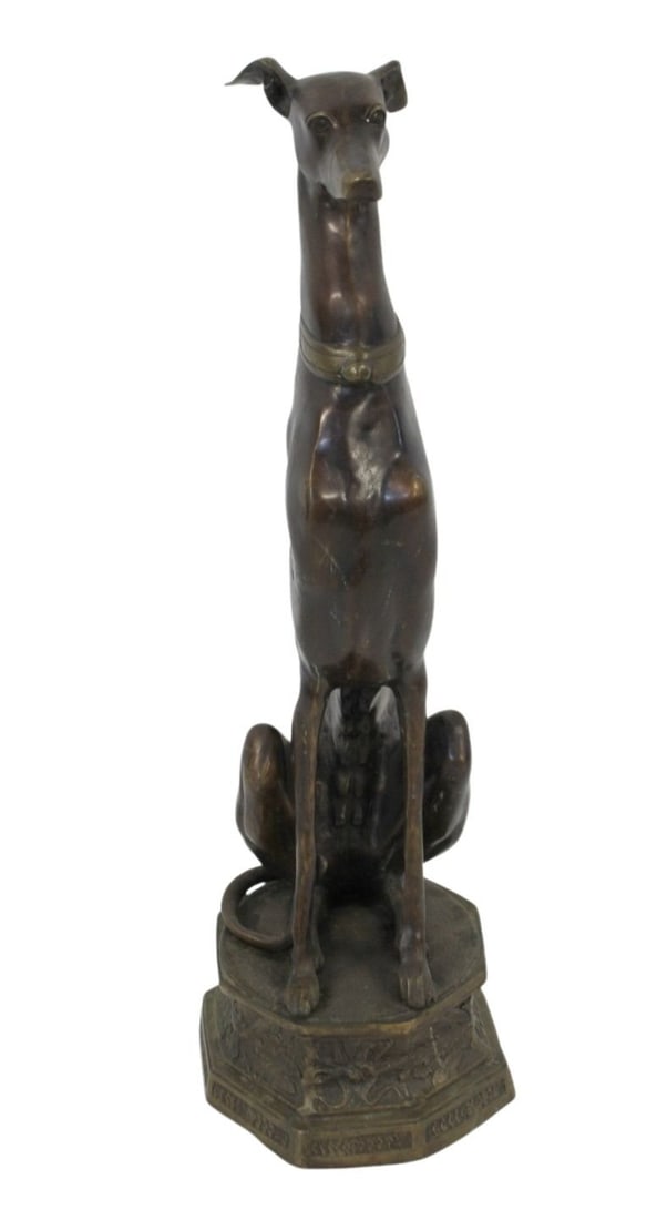 Vintage Bronze Sculpture of a Seated Whippet.: From the estate of a 50+ year antique dealer specializing in decorative arts with an emphasis on Opaline glass boxes. - Dimensions: 32" h x 10.5" w x 10.5" d