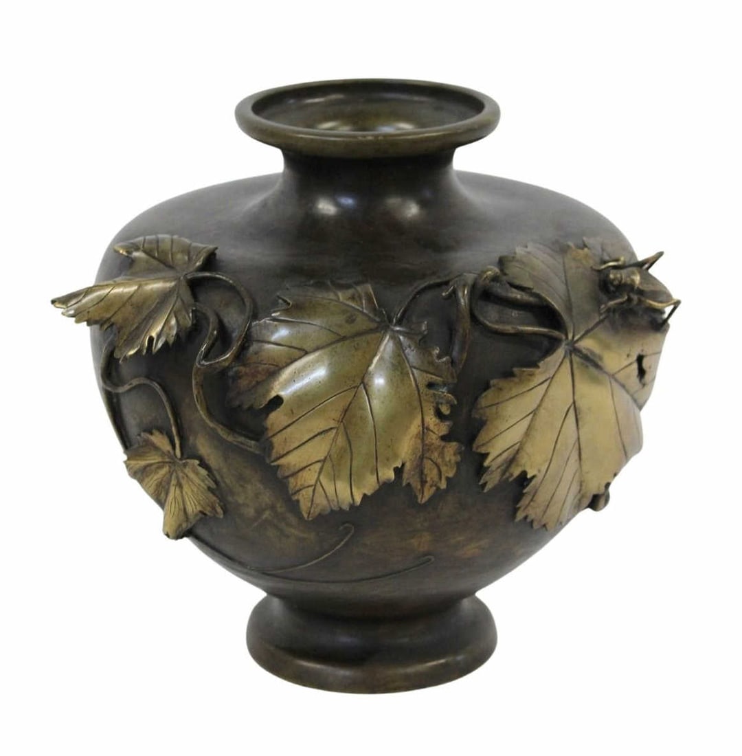 Japanese Meiji Period Mixed Metal Pedestal Vase.: With Applied Leaves. From the estate of a 50+ year antique dealer specializing in decorative arts with an emphasis on Opaline glass boxes. - Dimensions: 10" h x 9" w.